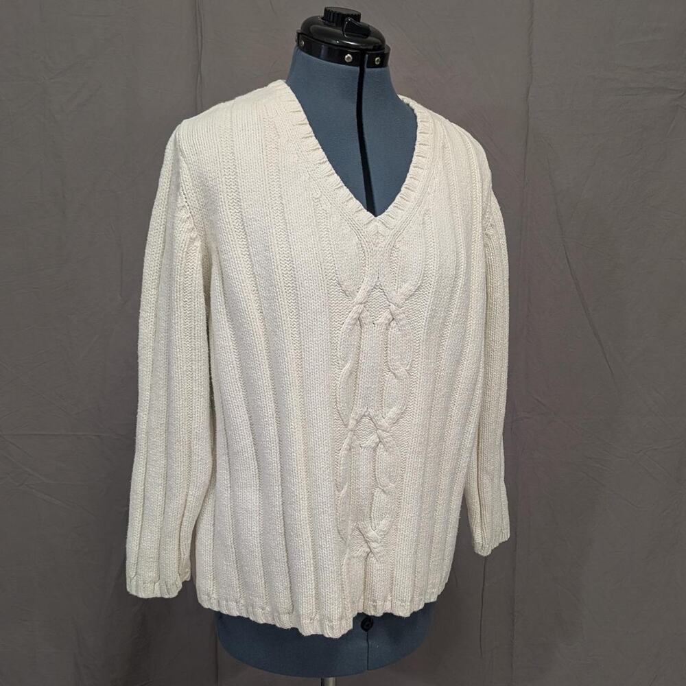 Lands’ End cream white 100% cotton cable‑knit V‑neck sweater, size 3X
